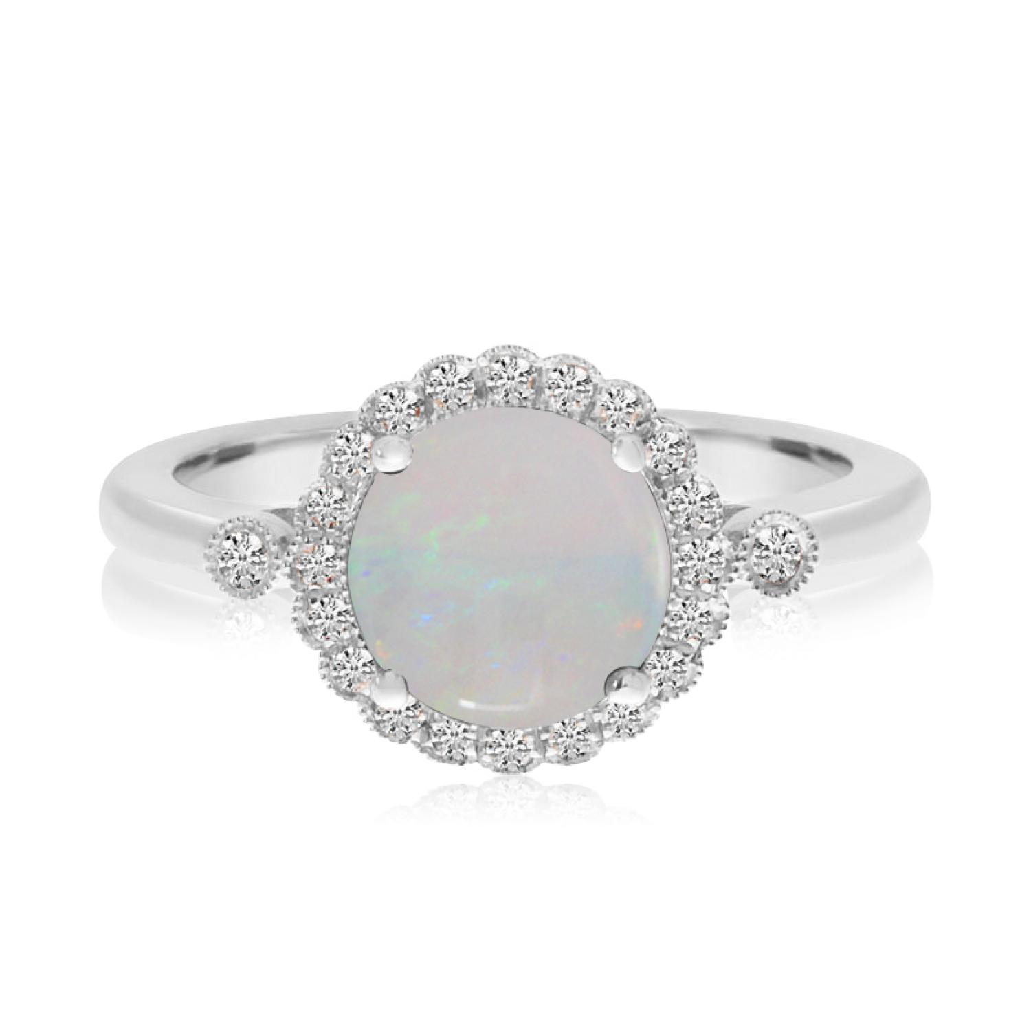 14K White Gold Round Opal and Diamond Halo Ring
