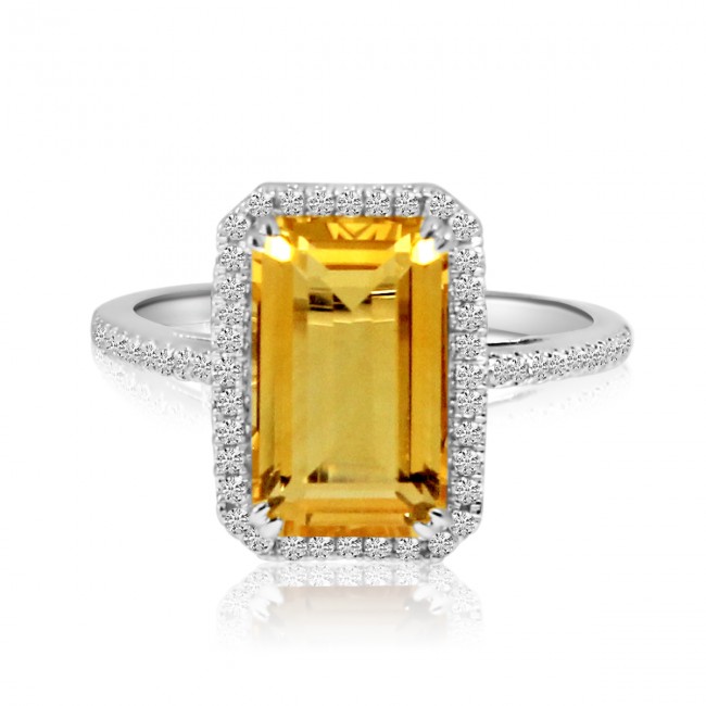 14K White Gold Large Octagon Citrine and Diamond Semi Precious Ring