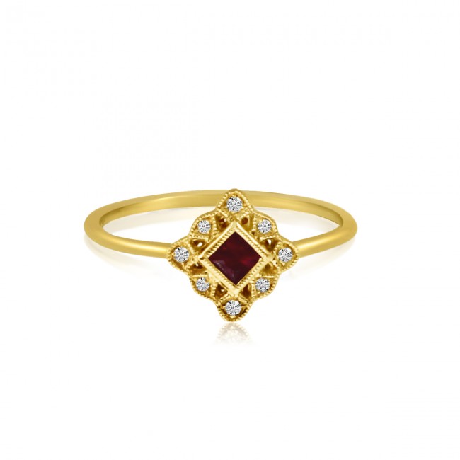 14K Yellow Gold Princess Ruby and Diamond Filigree Precious Ring