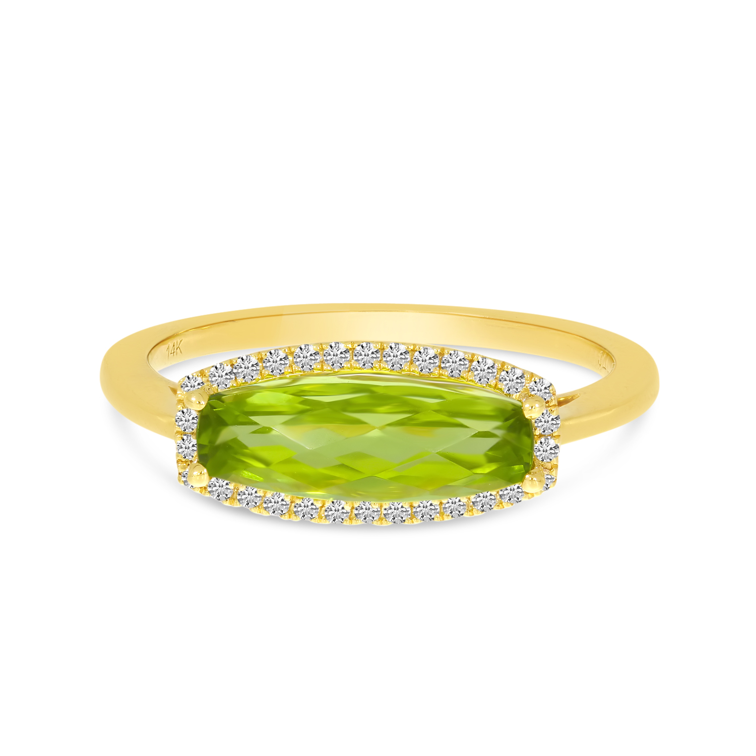 14K Yellow Gold Elongated Baguette Peridot and Diamond Semi Precious Ring