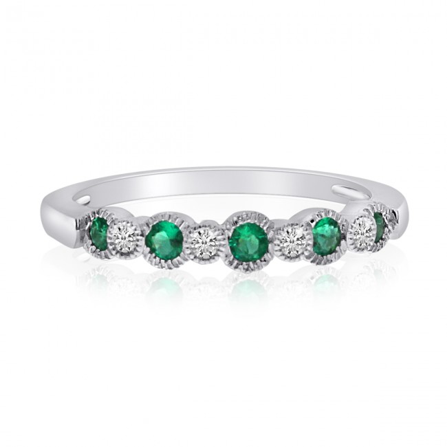 14K White Gold Emerald and Diamond Precious Beaded Stacking Ring