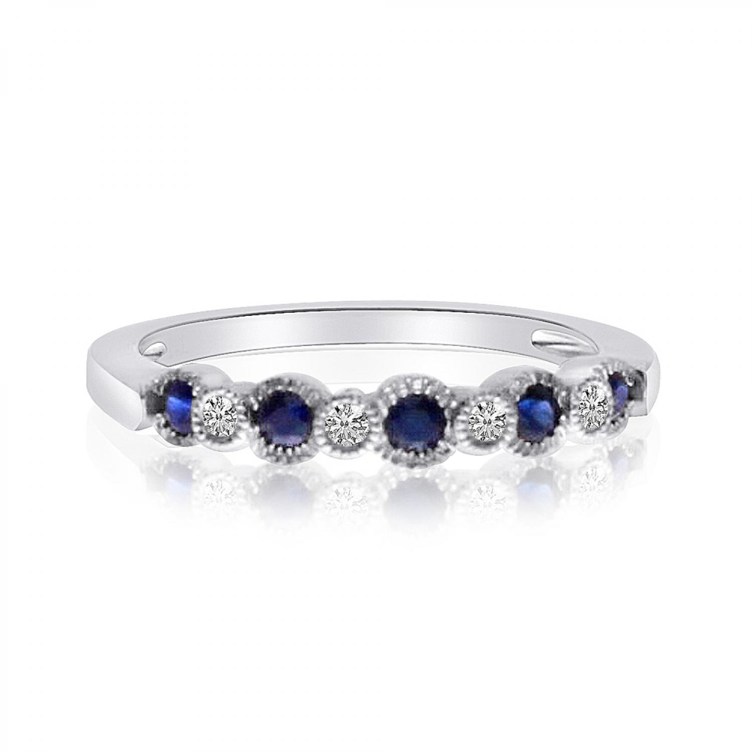 14K White Gold Sapphire and Diamond Precious Beaded Stacking Ring