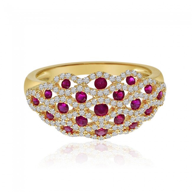 14K Yellow Gold Lightweight Weave Precious Ruby and Diamond Ring
