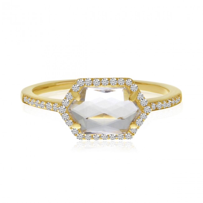 14K Yellow Gold Hexagon White Topaz and Diamond Ring