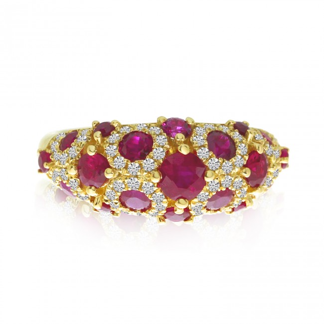 14K Yellow Gold Spotted Precious Ruby and Diamond Fashion Ring