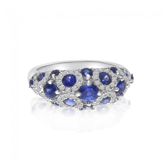 14K White Gold Spotted Precious Sapphire and Diamond Fashion Ring