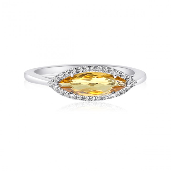 14K White Gold Elongated Marquise Citrine and Diamond Semi Precious Ring