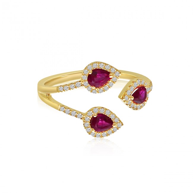 14K Yellow Gold Trio Precious Pear Ruby and Diamond Fashion Ring