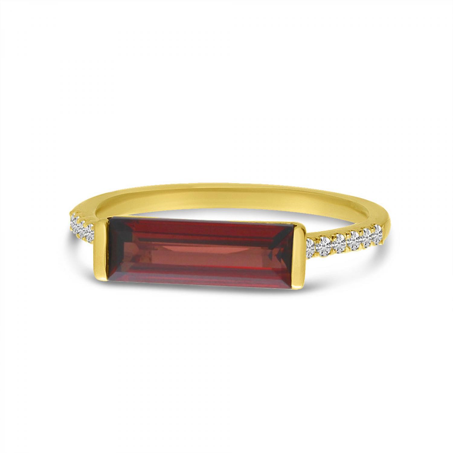 14K Yellow Gold Baguette Garnet and Diamond East West Semi Precious Ring