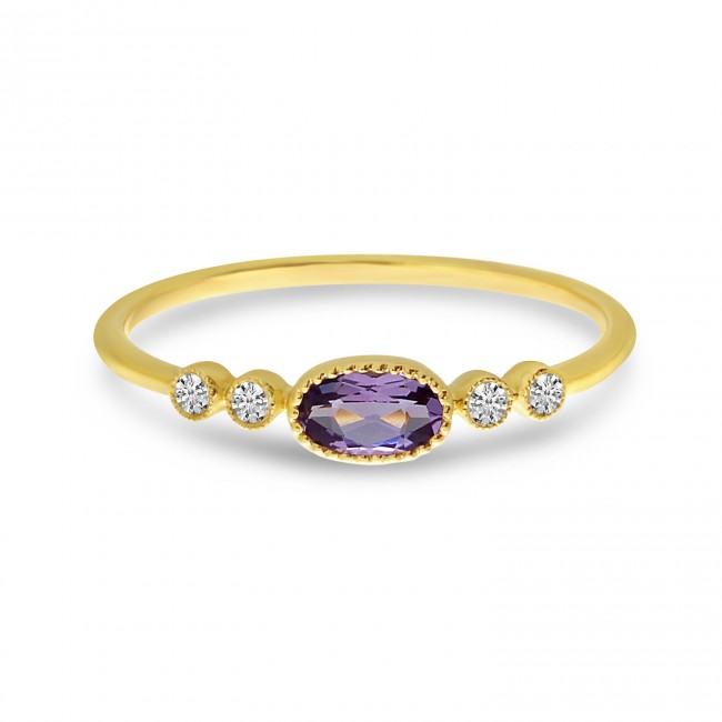 14K Yellow Gold Oval Amethyst and Diamond Stackable Semi Precious Ring