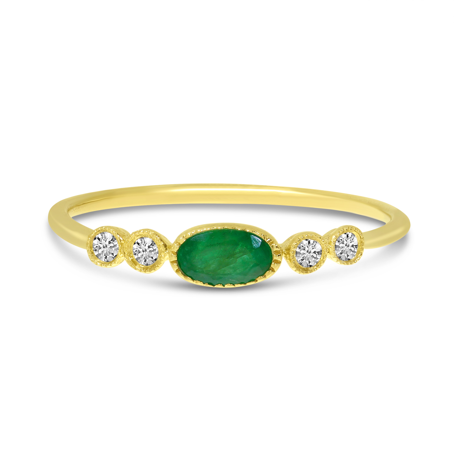 14K Yellow Gold Oval Emerald and Diamond Stackable Precious Ring