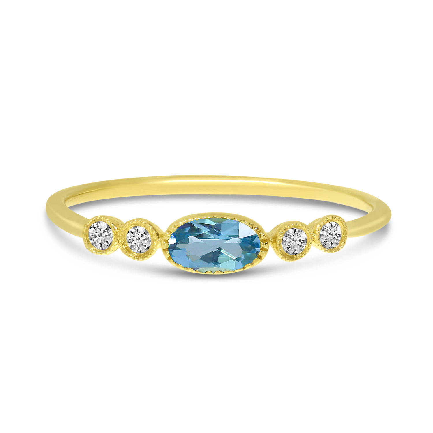 14K Yellow Gold Oval Blue Topaz and Diamond Stackable Semi Precious Ring