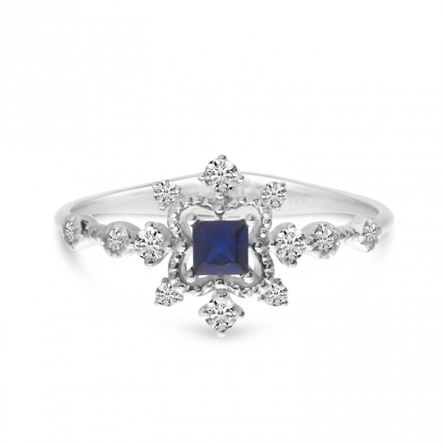 14K White Gold Princess Sapphire and Diamond Precious Ring