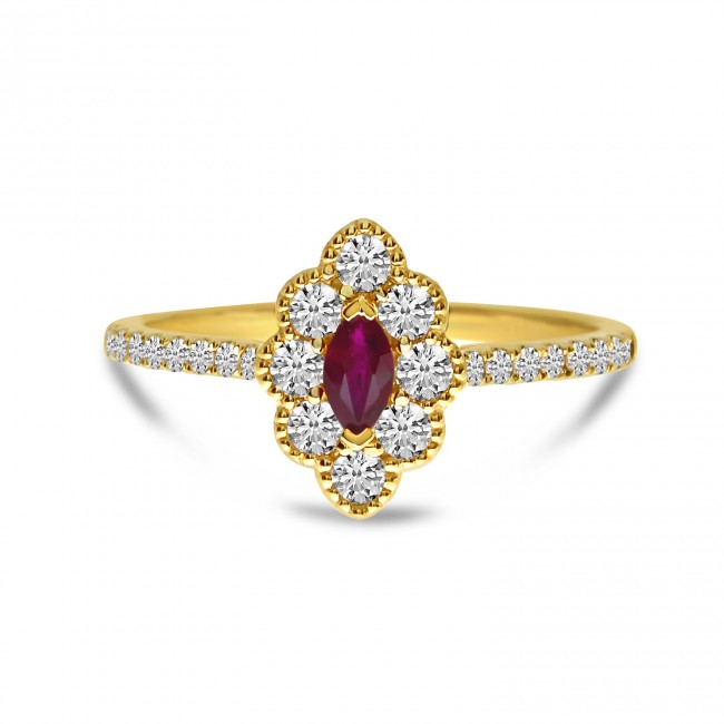 14K Yellow Gold Marquise Ruby and Round Diamonds Precious Beaded Ring