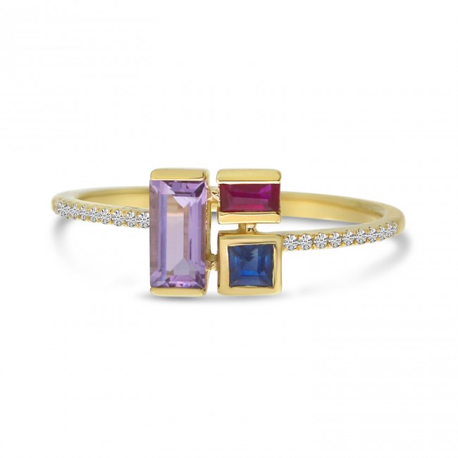 14K Yellow Gold Precious Sapphire and Ruby with Semi Precious Amethyst Cluster R