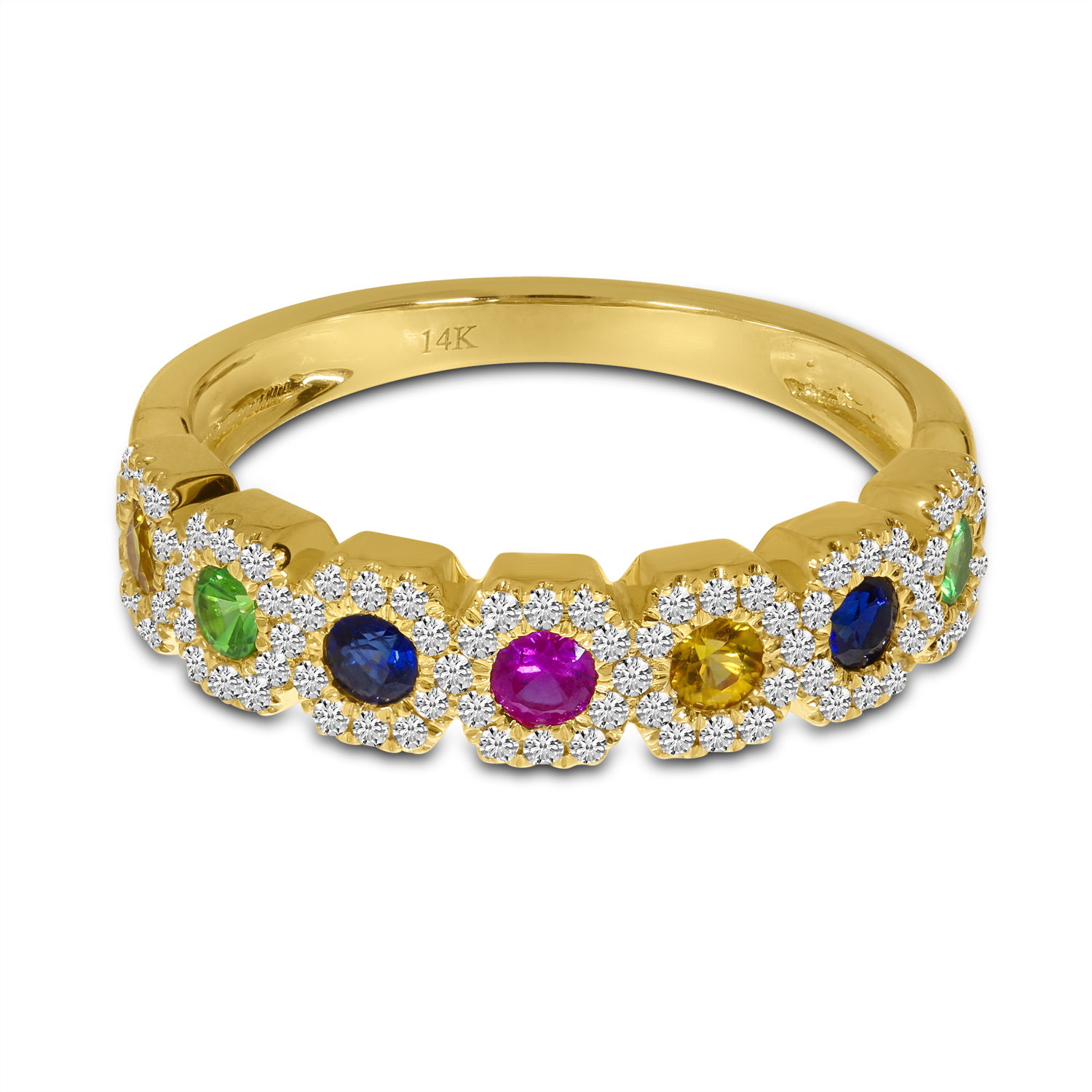 14K Yellow Gold Hexagon Rainbow Sapphire and Diamond Ring