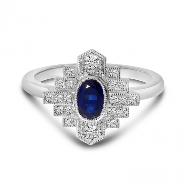 14K White Gold Precious Oval Sapphire and Diamond Art Deco Ring