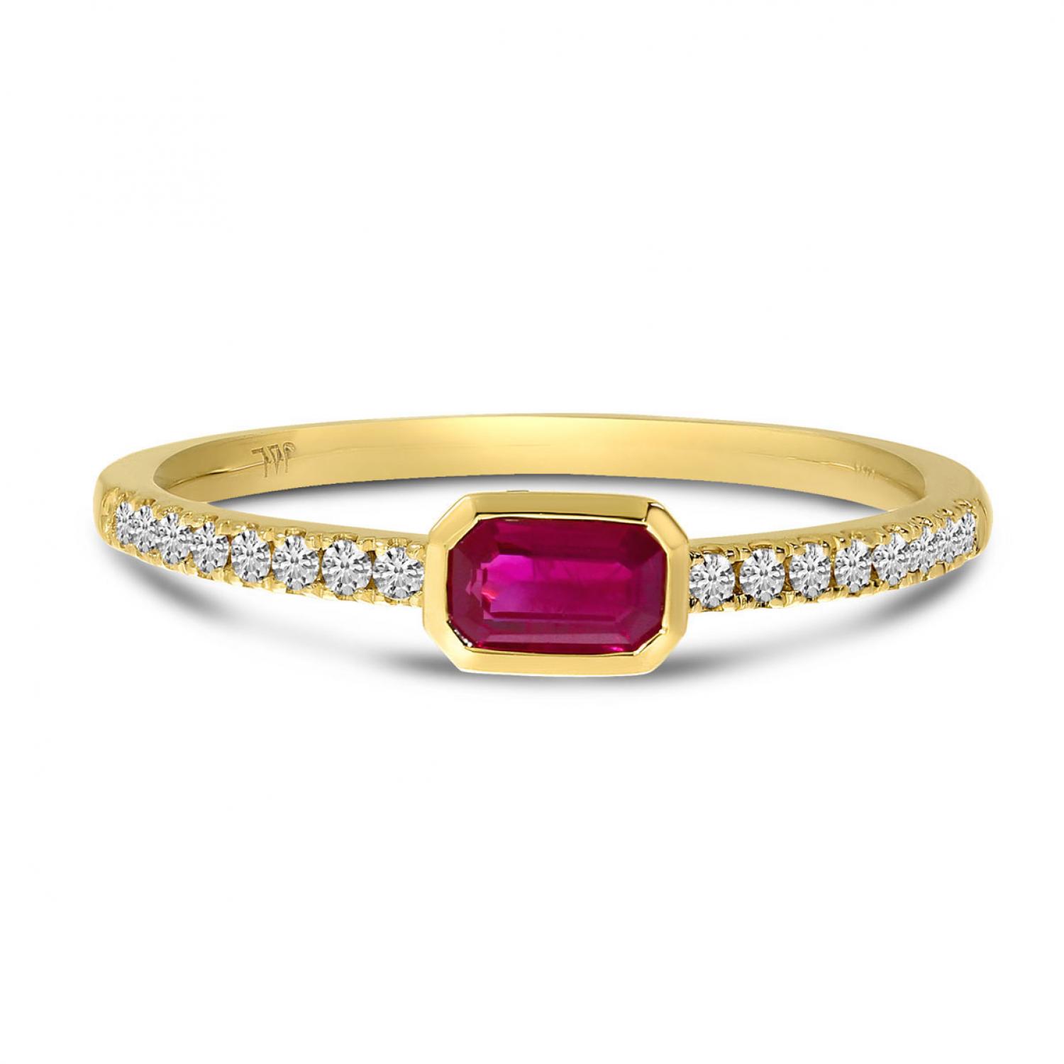 14K Yellow Gold East West Octagon Ruby and Diamond Precious Ring