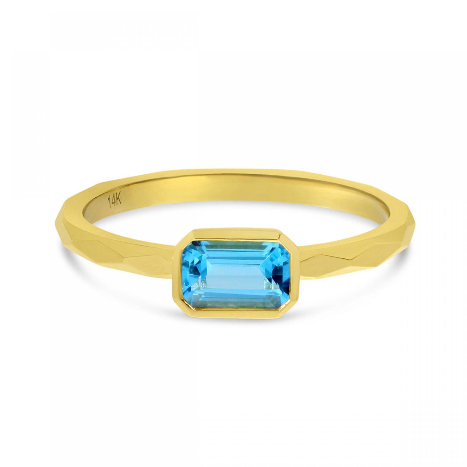 14K Yellow Gold Octagon Blue Topaz East West Semi Precious Ring