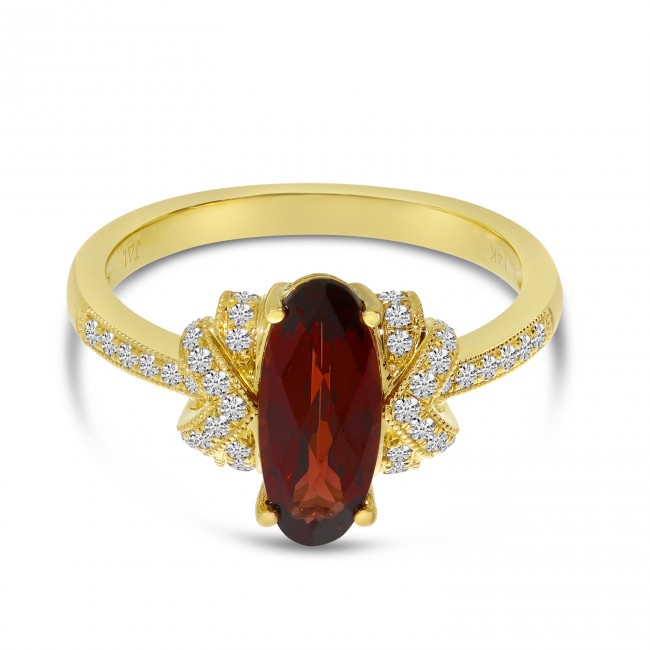 14K Yellow Gold Oval North South Garnet and Diamond Art Deco Semi Precious Ring