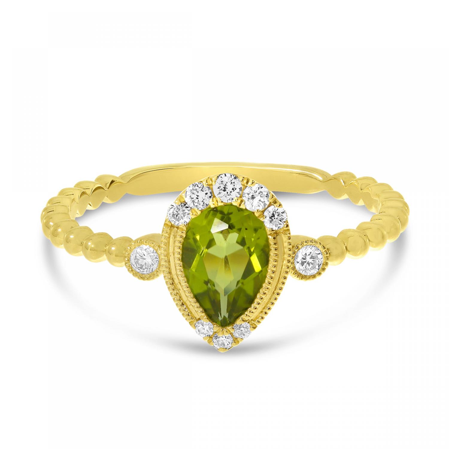14K Yellow Gold Pear Peridot and Diamond Beaded Band Semi Precious Ring