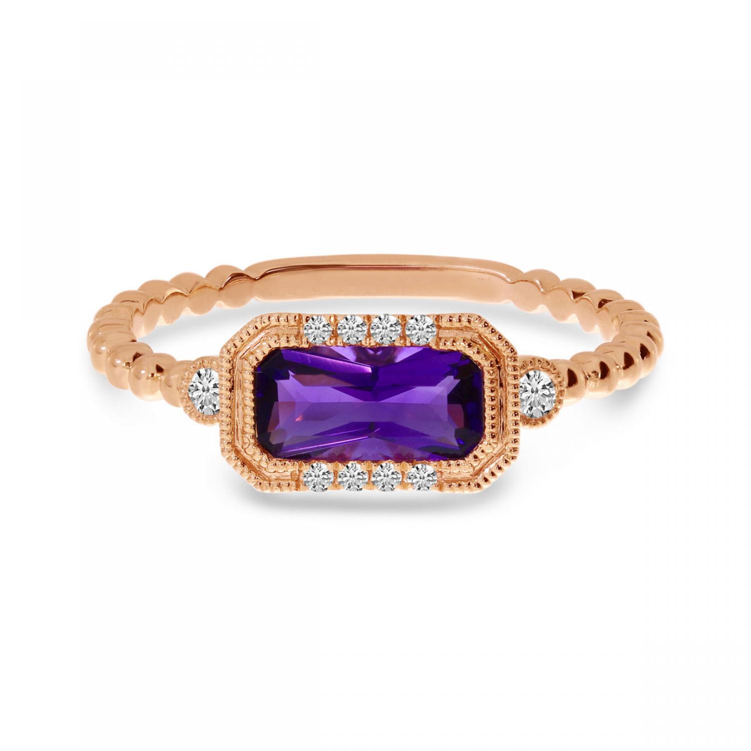 14K Rose Gold Octagon Amethyst and Diamond Semi Precious Beaded Band Ring