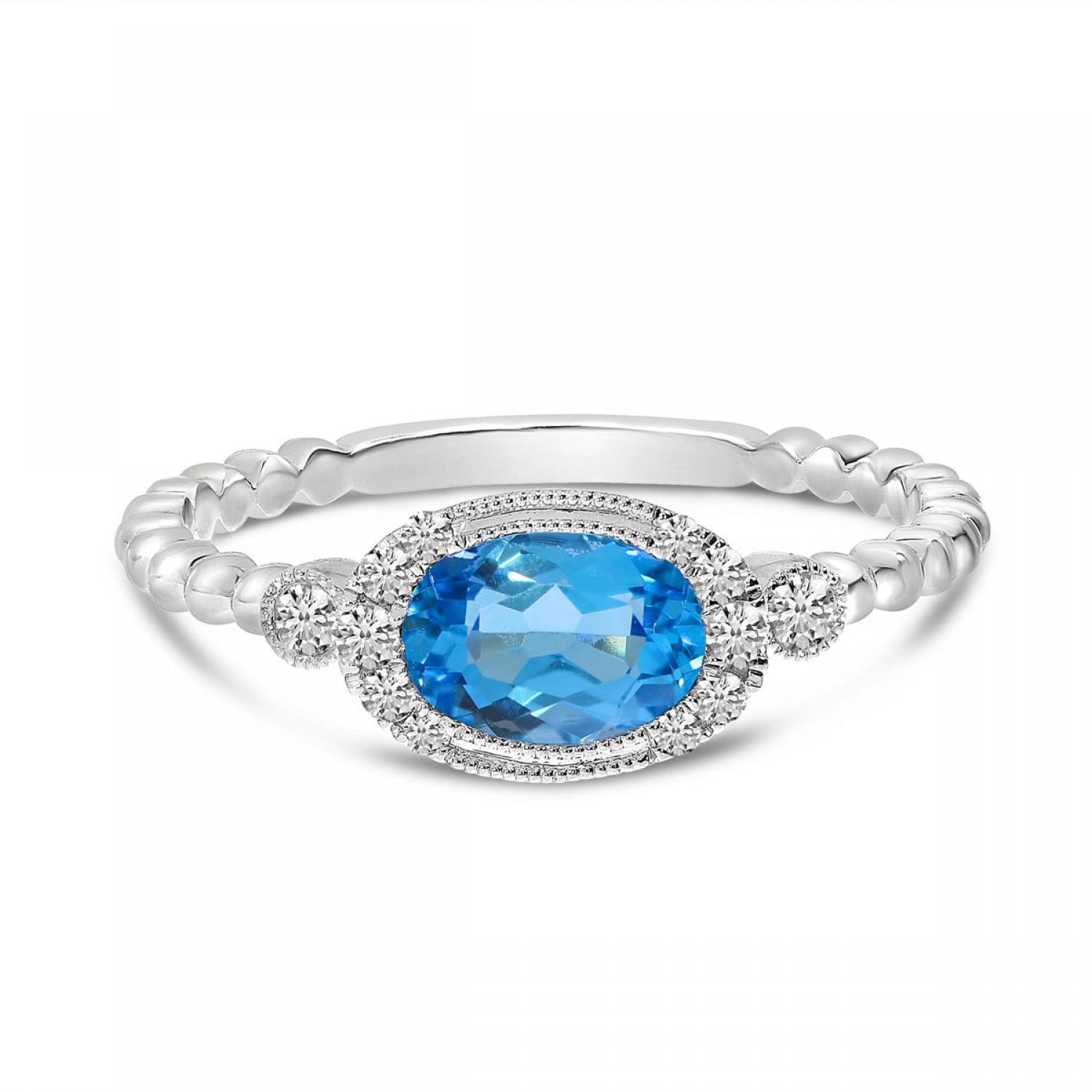 14K White Gold Oval Blue Topaz and Diamond Beaded Band Semi Precious Ring