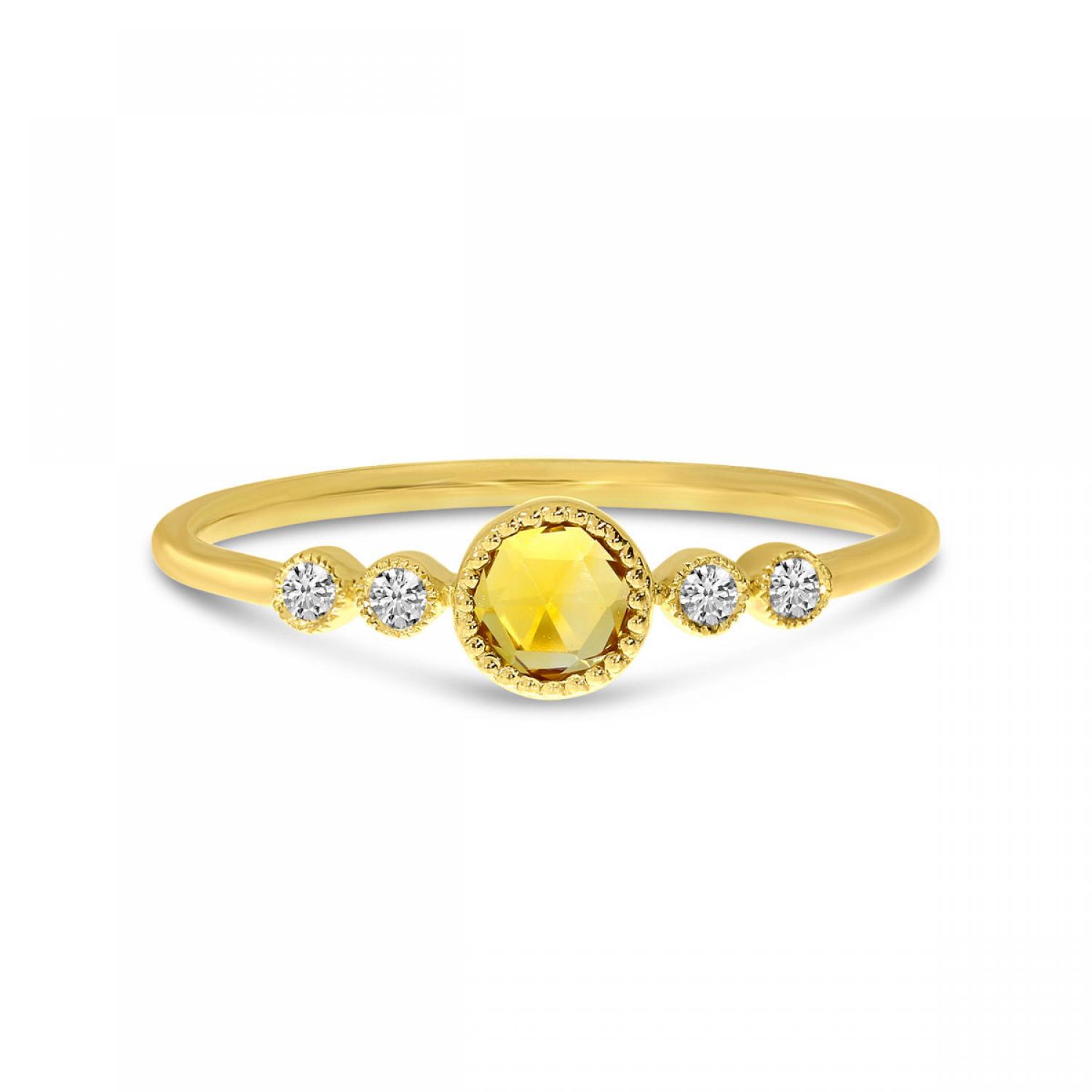 14K Yellow Gold Round Citrine and Diamond Stackable Semi Precious Ring