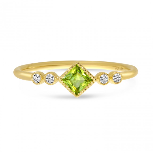14K Yellow Gold Princess Peridot and Diamond Stackable Semi Precious Ring