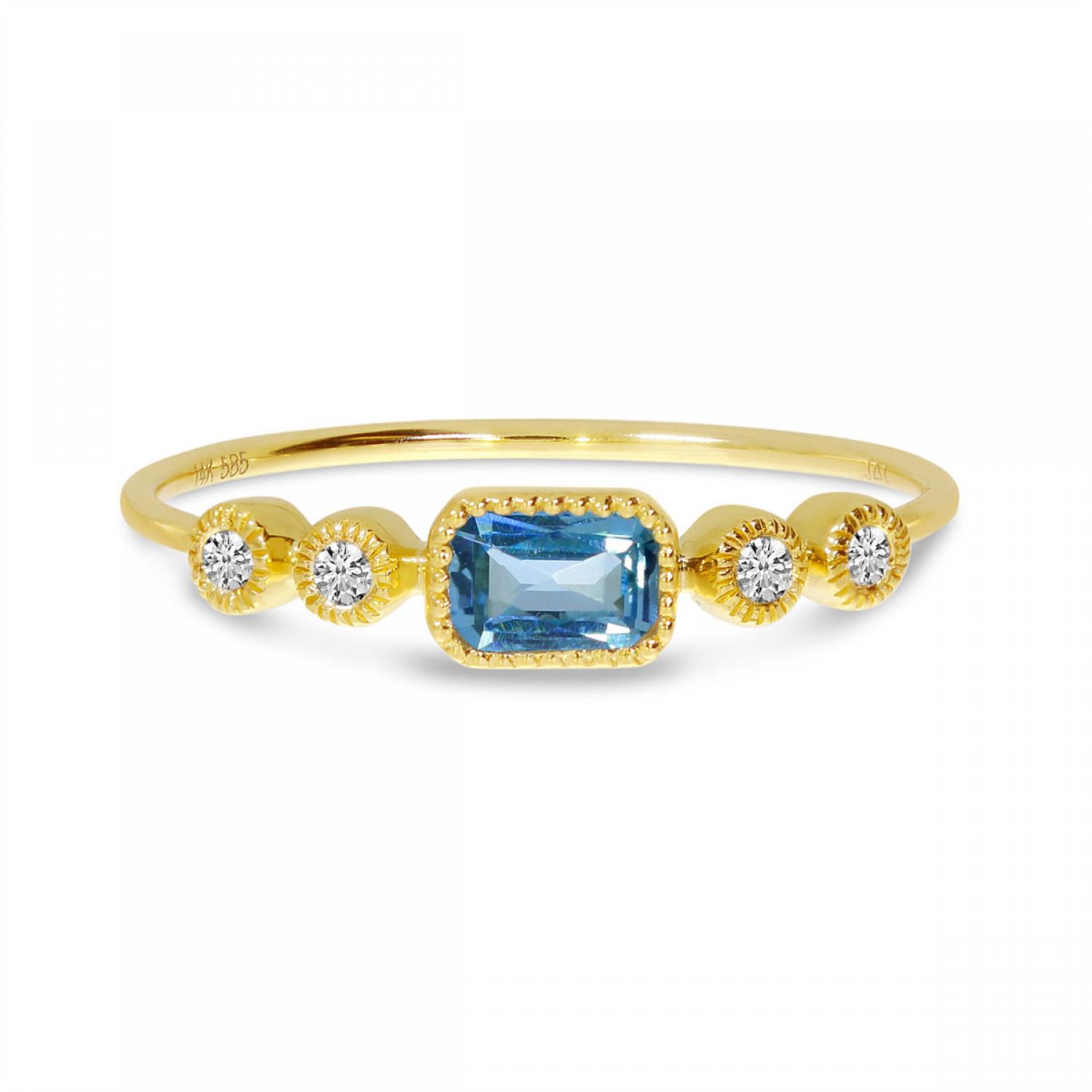 14K Yellow Gold Octagon Blue Topaz and Diamond Stackable Semi Precious Ring