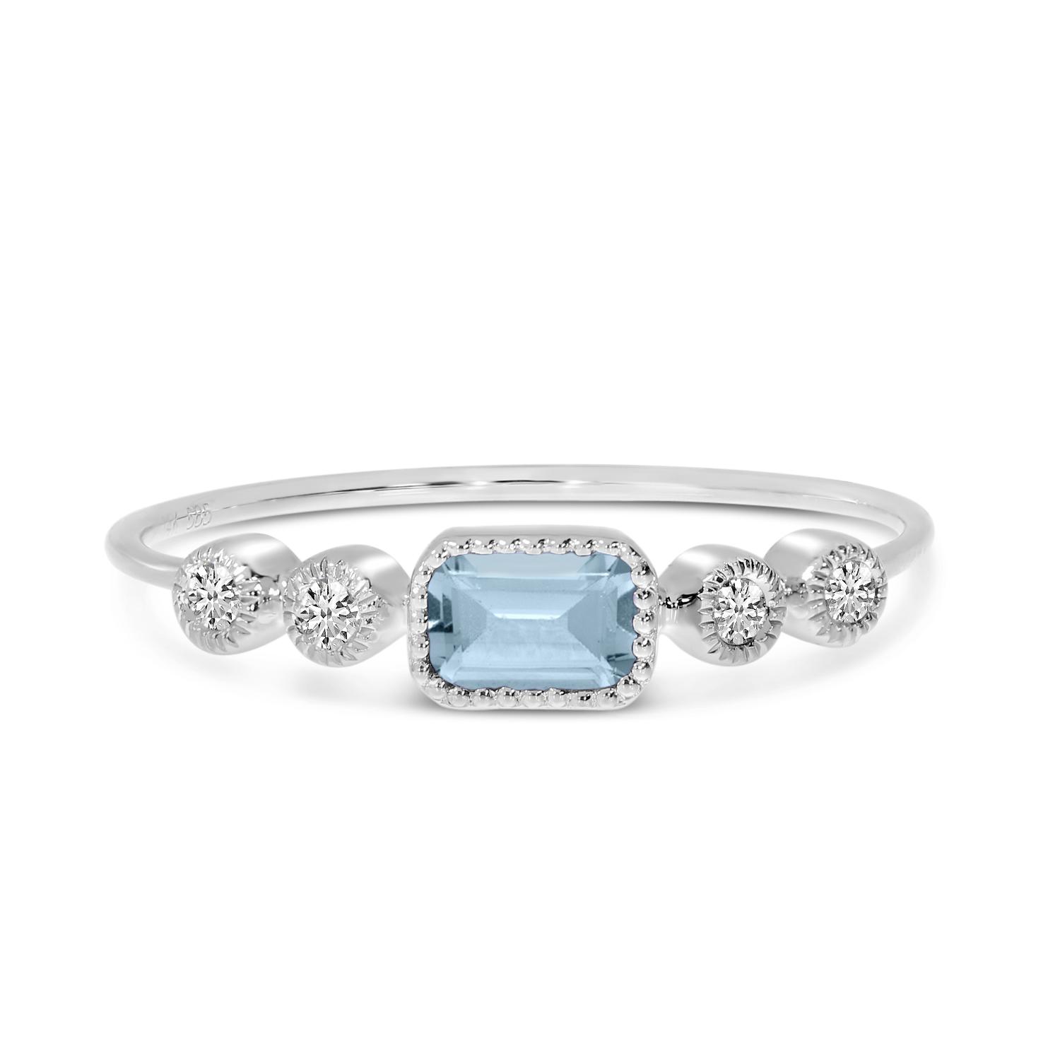 14K White Gold Octagon Aquamarine and Diamond Stackable Semi Precious Ring