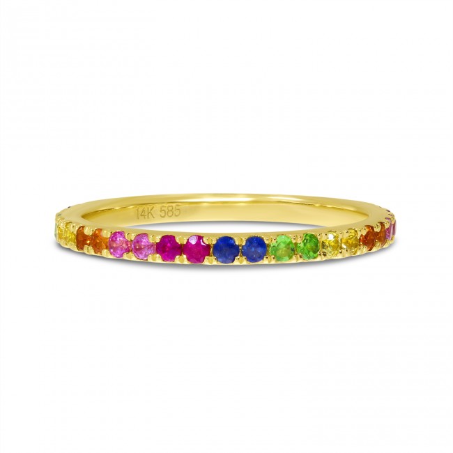 14K Yellow Gold Genuine Rainbow Sapphire Band