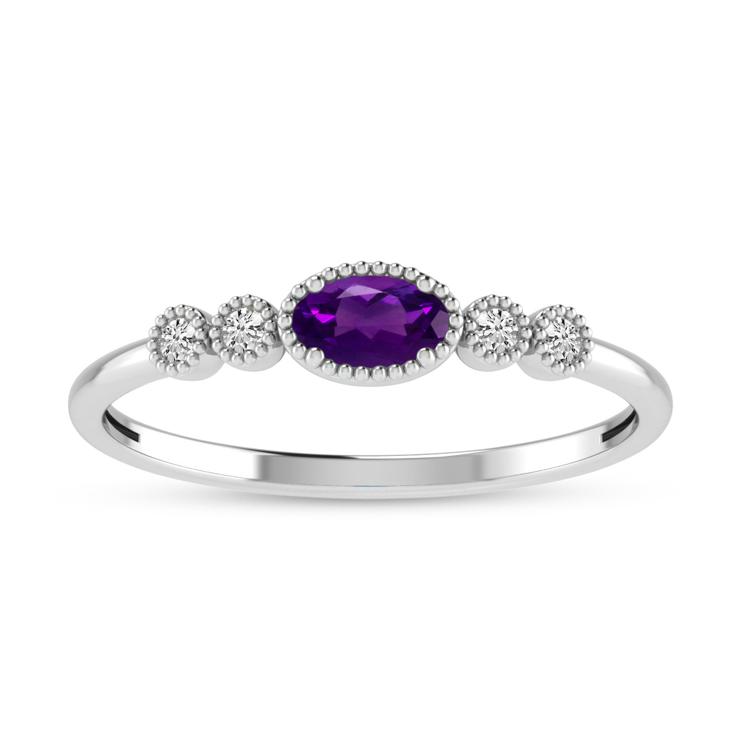14K White Gold Oval Amethyst and Diamond Stackable Ring