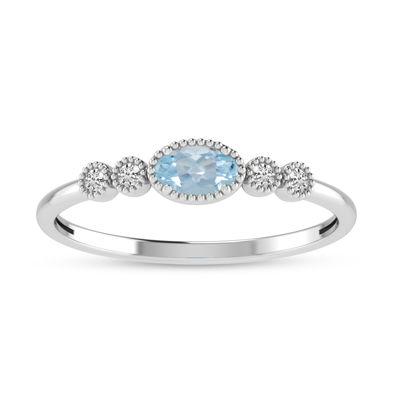 14K White Gold Oval Aquamarine and Diamond Stackable Ring