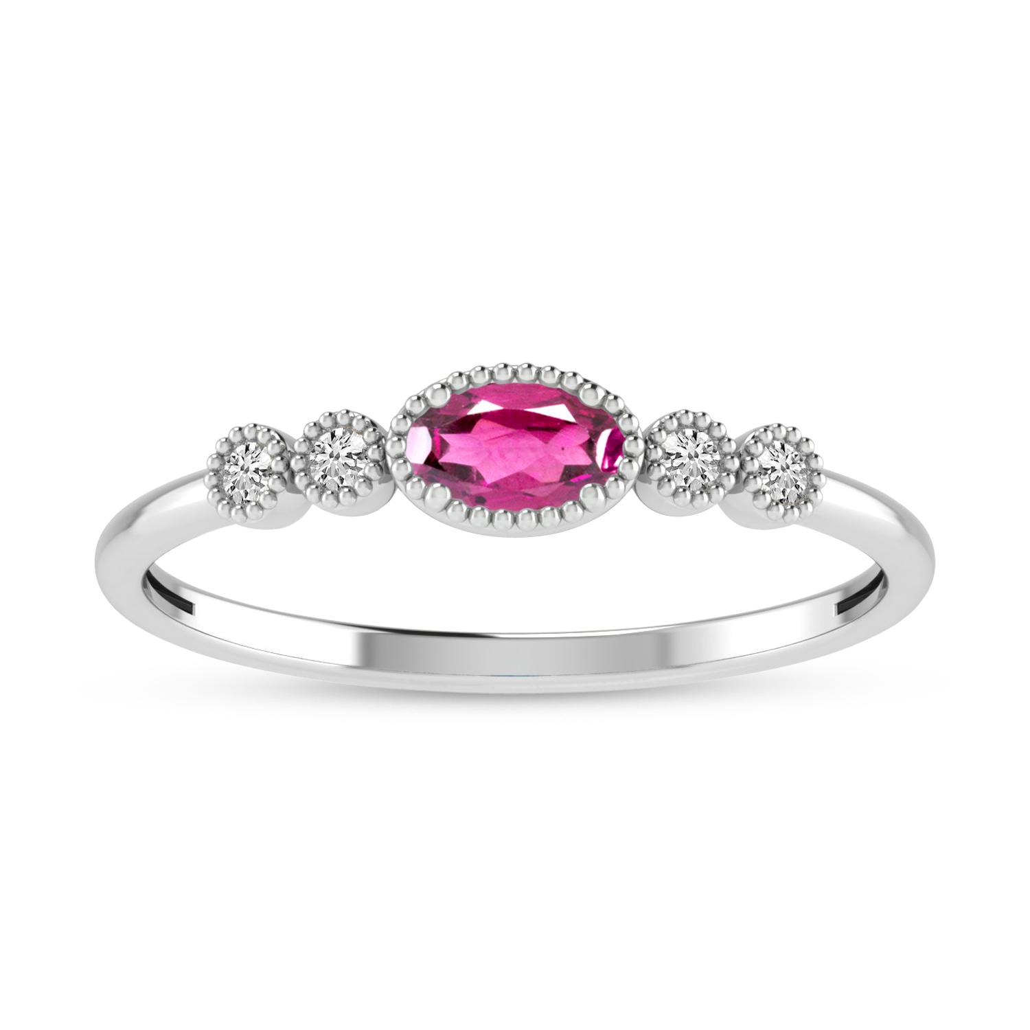 14K White Gold Oval Pink Tourmaline and Diamond Stackable Ring