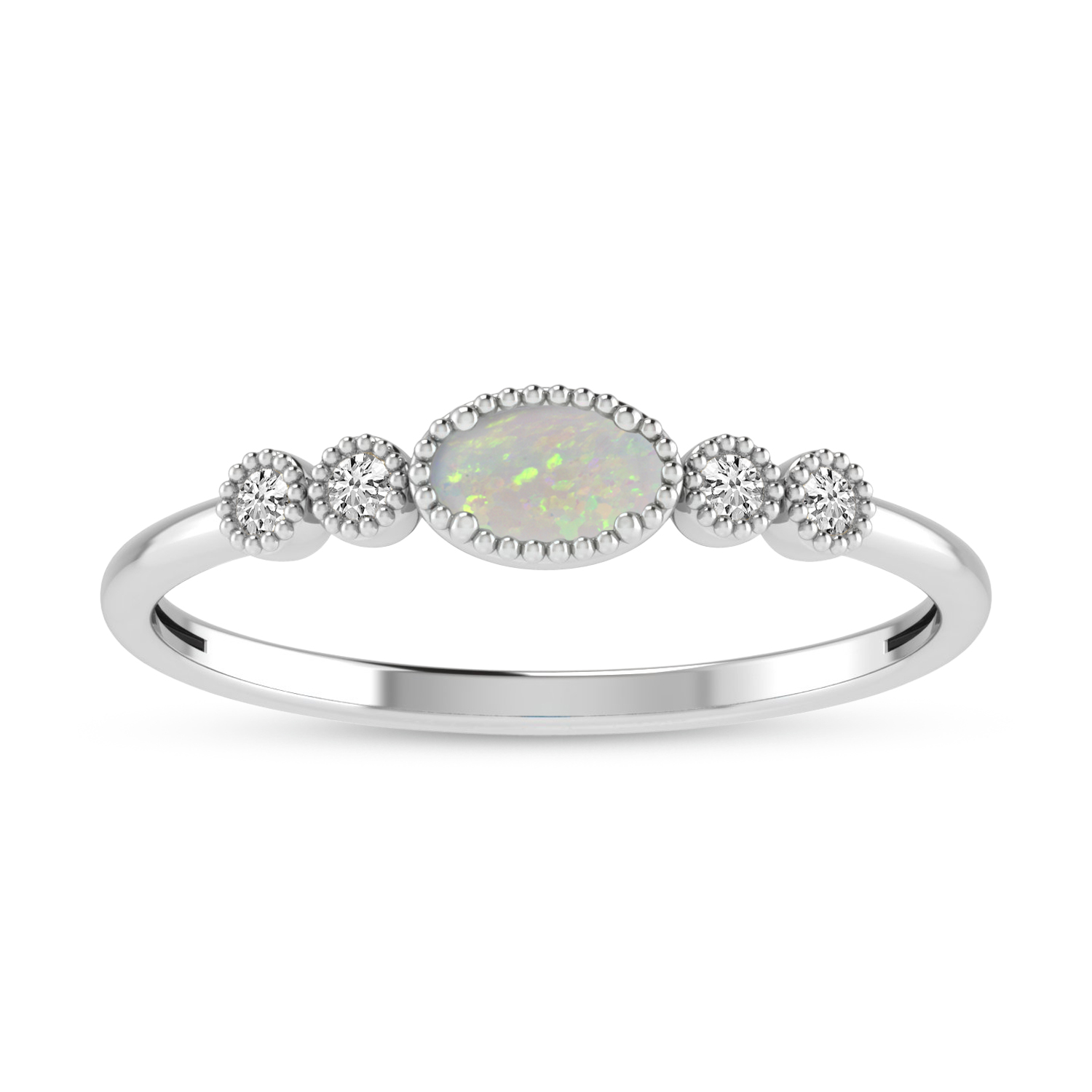 14K White Gold Oval Opal and Diamond Stackable Ring