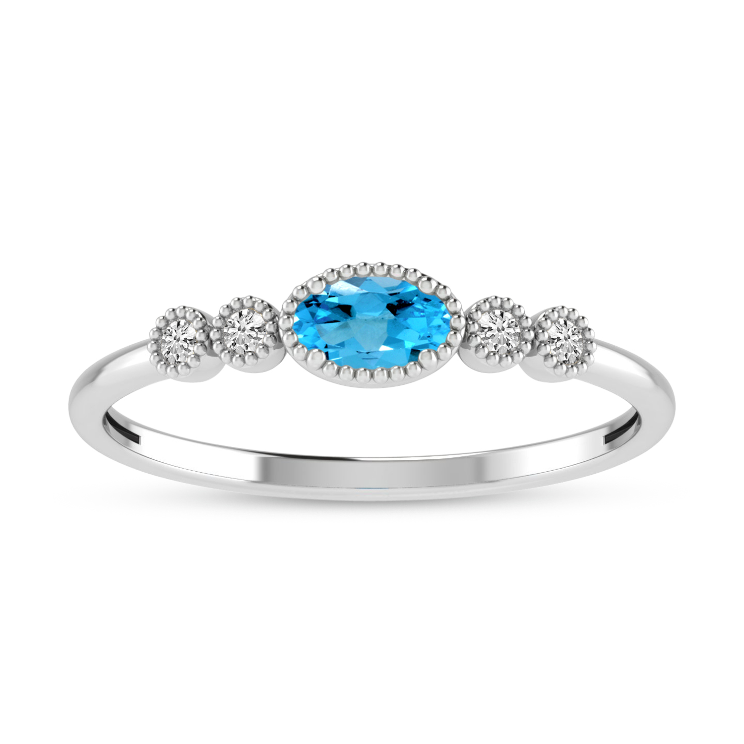 14K White Gold Oval Blue Topaz and Diamond Stackable Ring