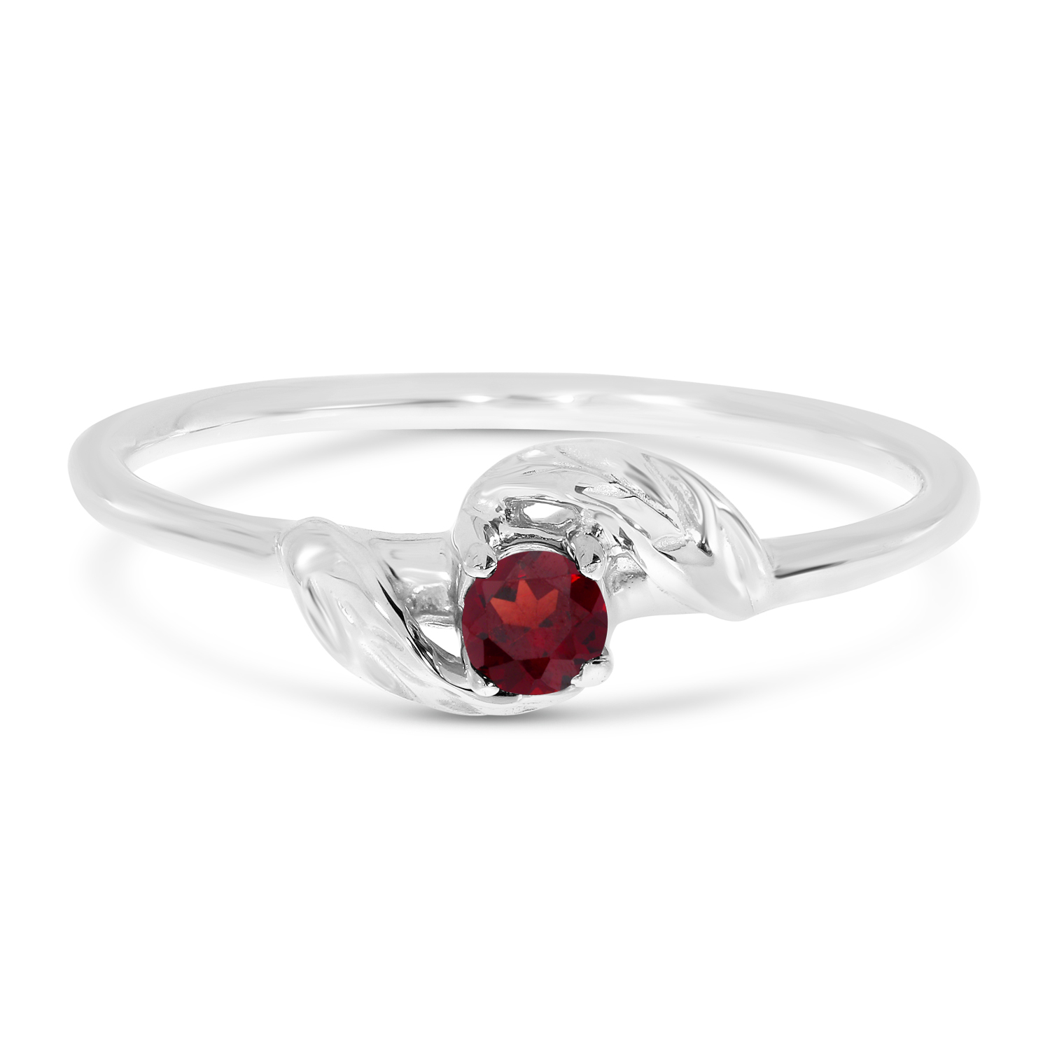 10K White Gold 3mm Round Garnet Birthstone Leaf Ring