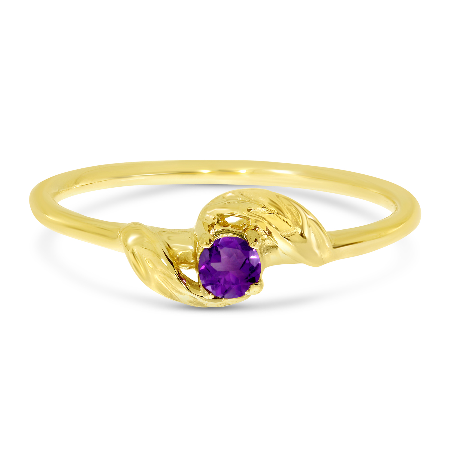 14K Yellow Gold 3mm Round Amethyst Birthstone Leaf Ring