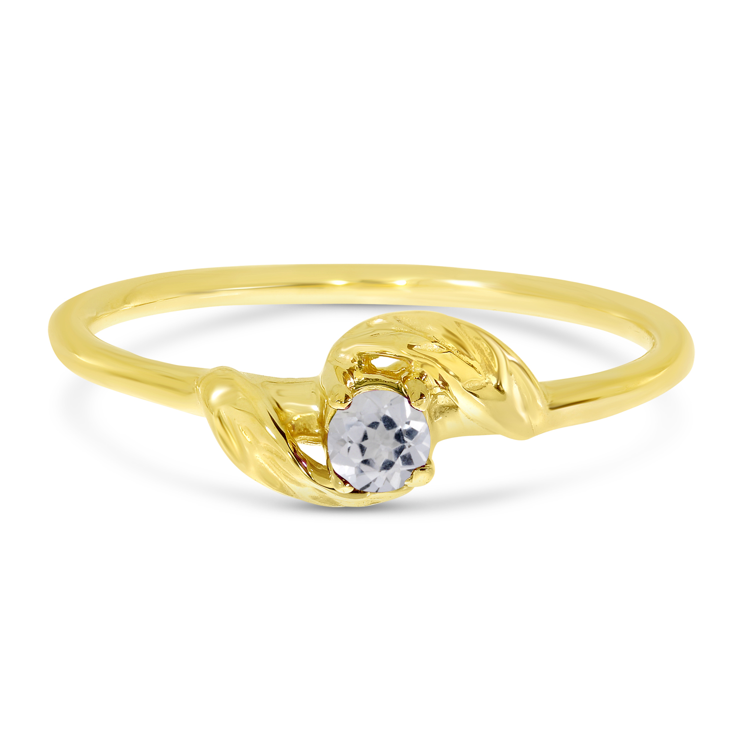 14K Yellow Gold 3mm Round White Topaz Birthstone Leaf Ring