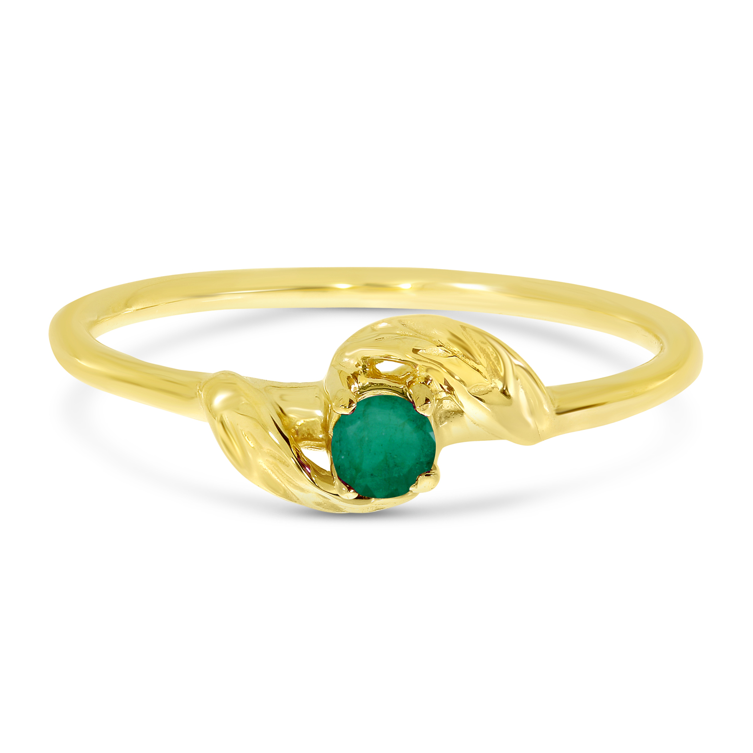 14K Yellow Gold 3mm Round Emerald Birthstone Leaf Ring