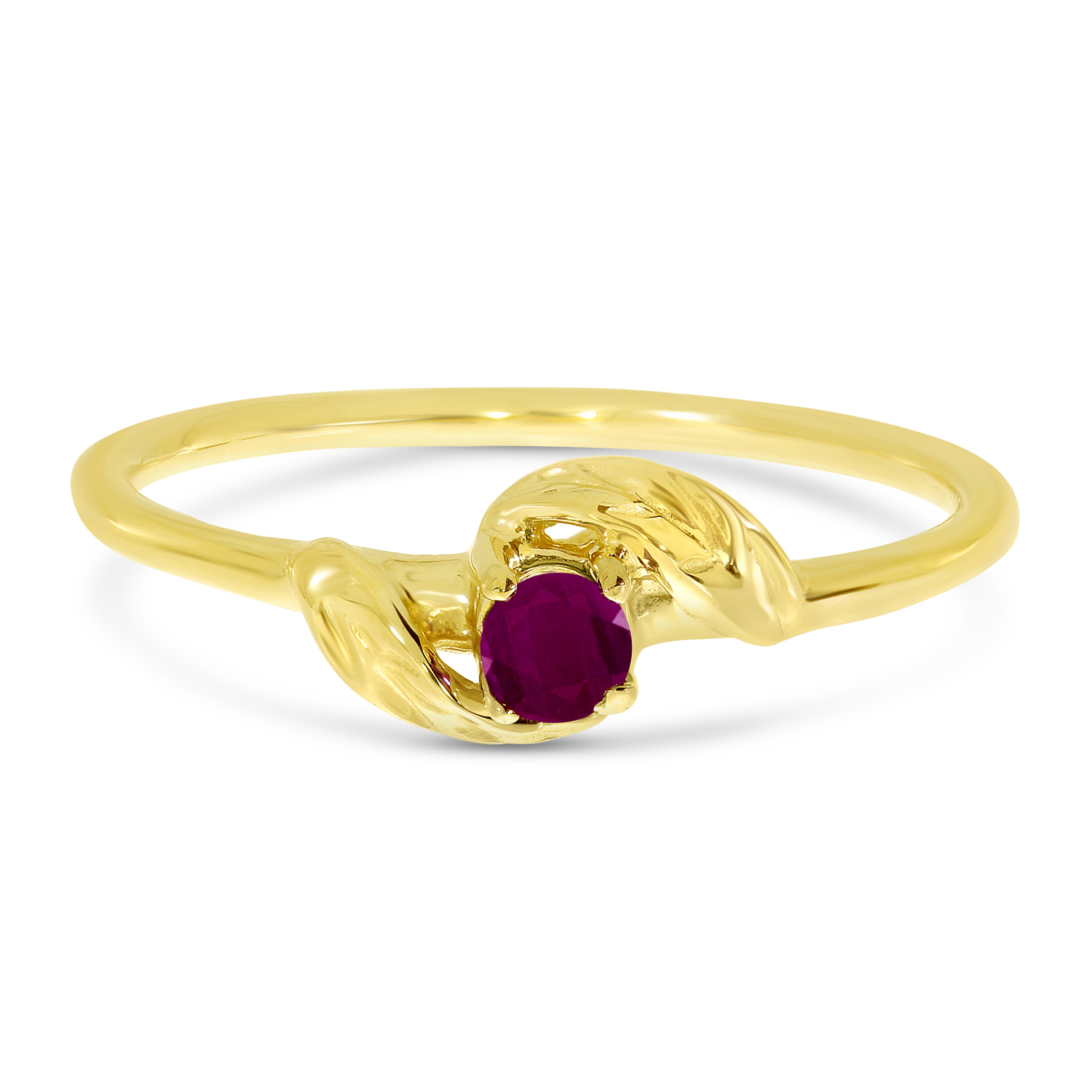 14K Yellow Gold 3mm Round Ruby Birthstone Leaf Ring