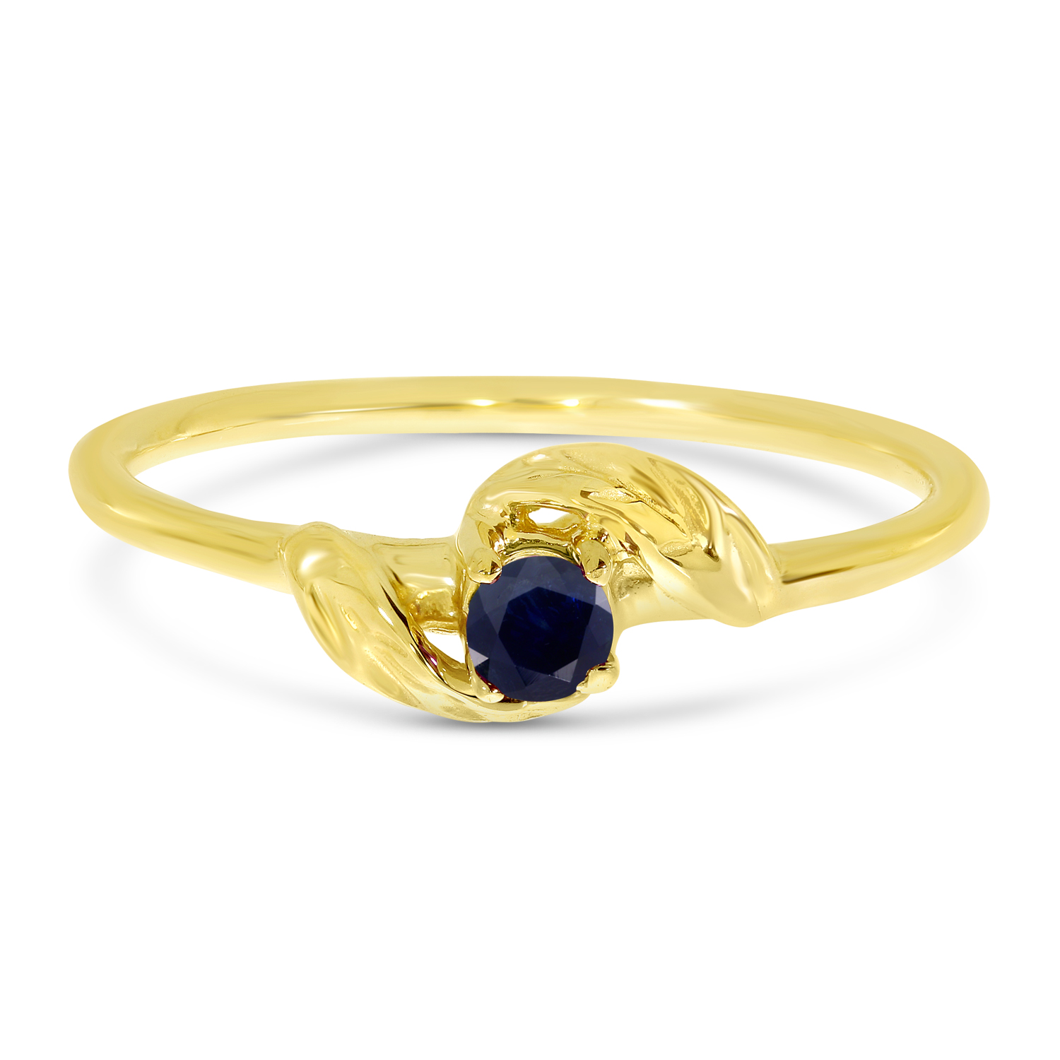 14K Yellow Gold 3mm Round Sapphire Birthstone Leaf Ring