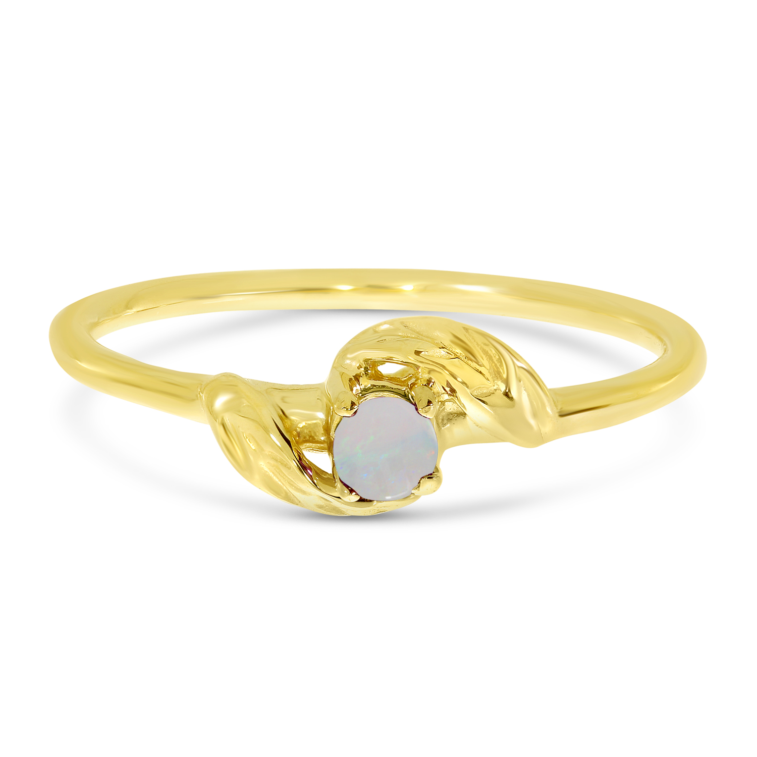 14K Yellow Gold 3mm Round Opal Birthstone Leaf Ring