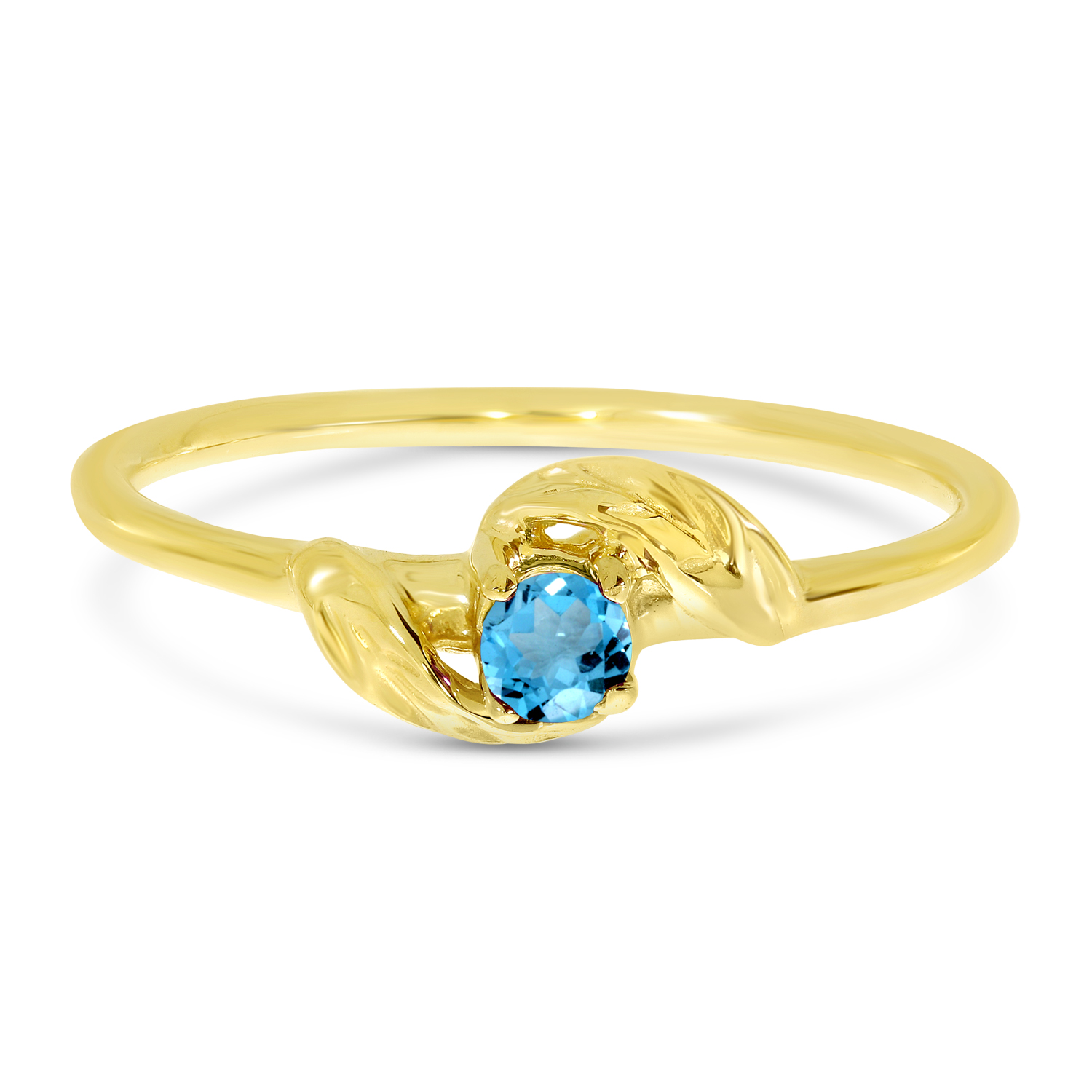 14K Yellow Gold 3mm Round Blue Topaz Birthstone Leaf Ring