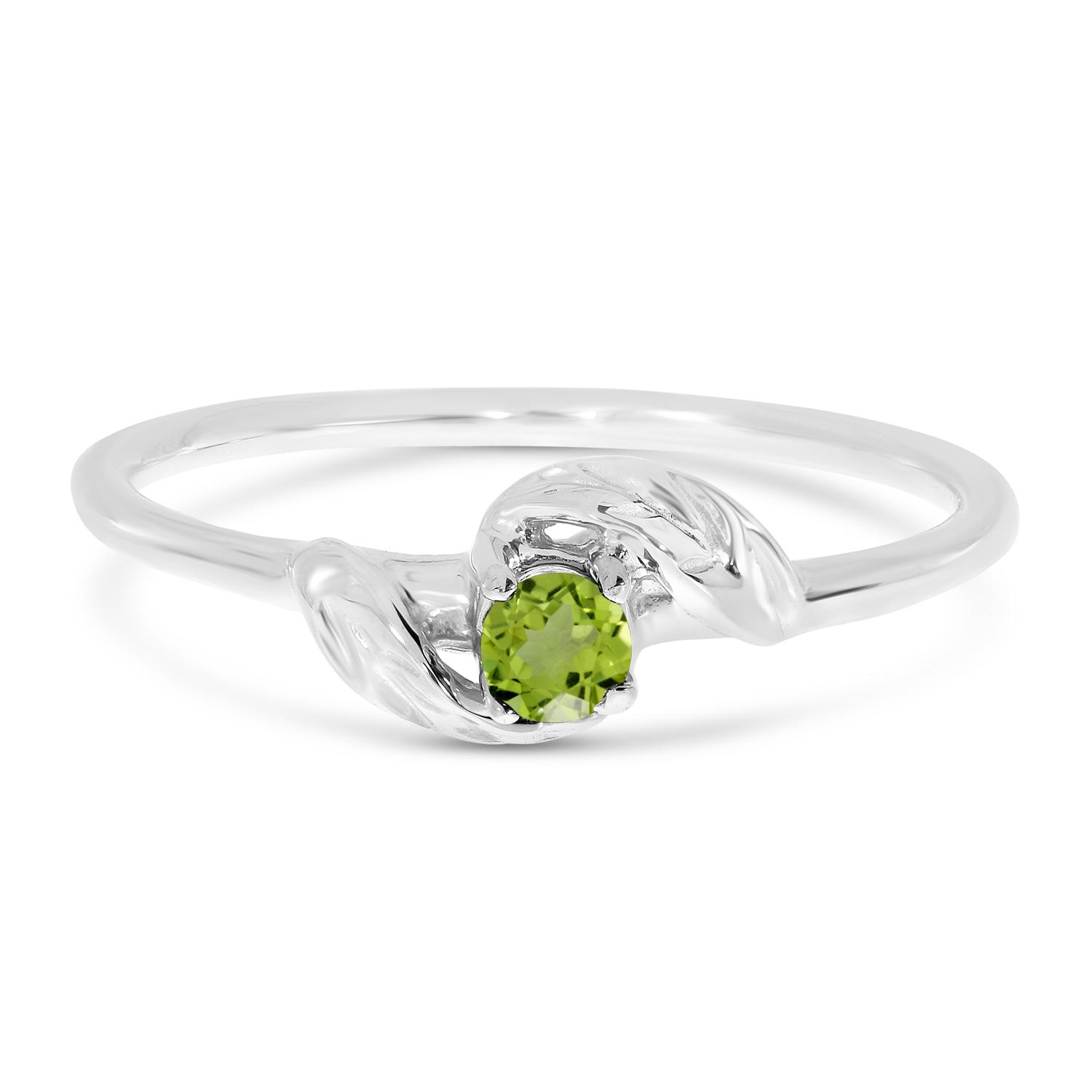 14K White Gold Round Peridot  Leaf Birthstone Ring