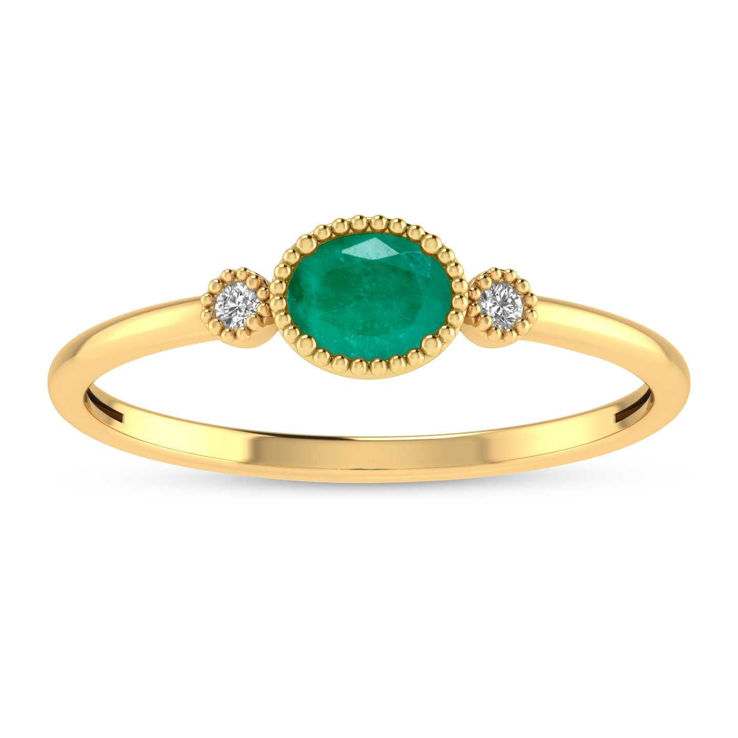 14K Yellow Gold Oval Emerald Millgrain Birthstone Ring