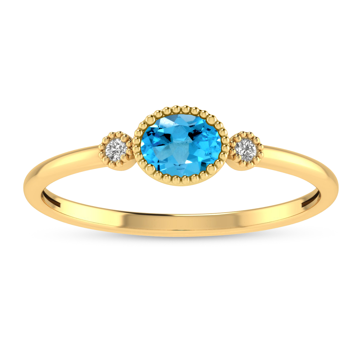 14K Yellow Gold Oval Blue Topaz Millgrain Birthstone Ring