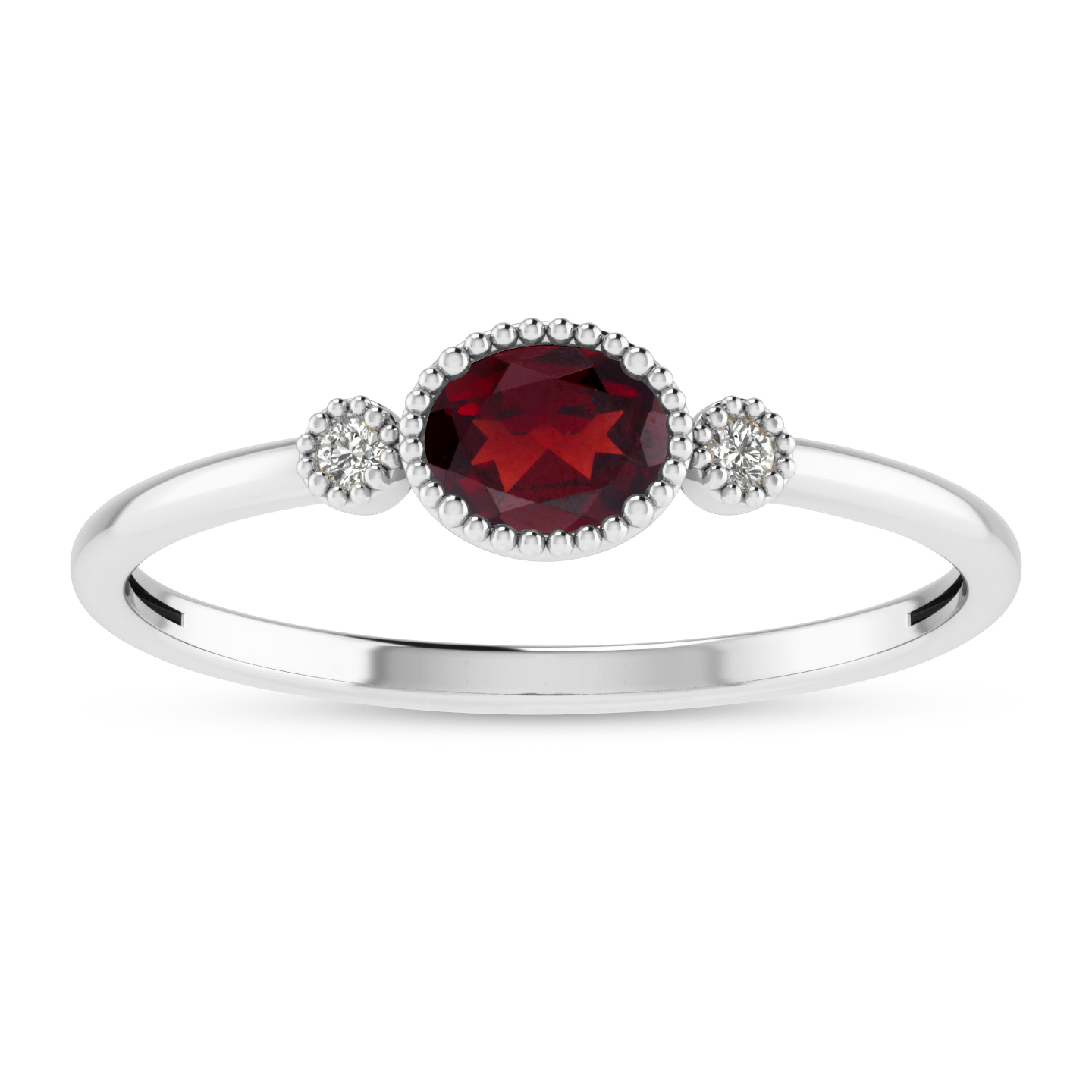 14K White Gold Oval Garnet Millgrain Birthstone Ring