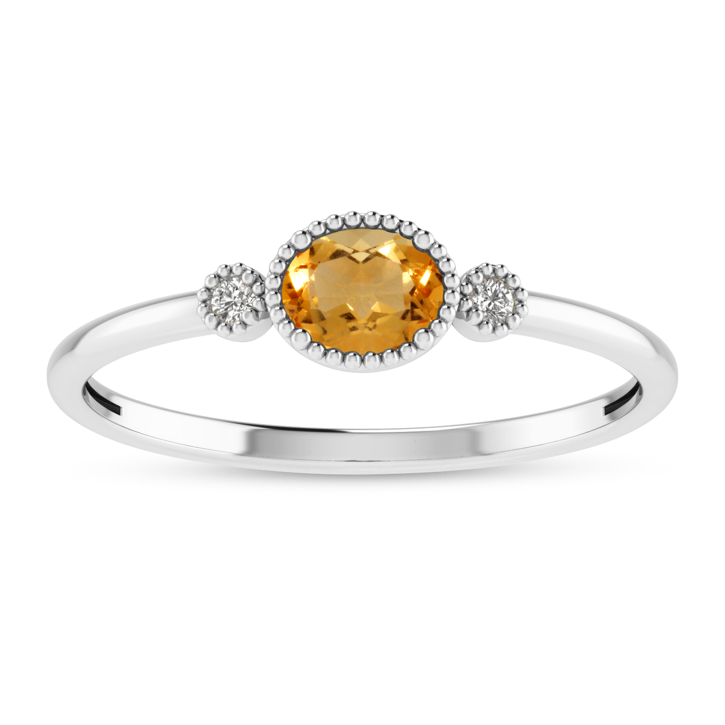 14K White Gold Oval Citrine Millgrain Birthstone Ring